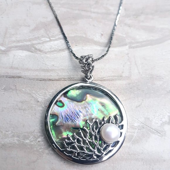 Abalone and Pearl Coral Design Pendant Necklace - Mother of Pearl - Picture 2 of 2